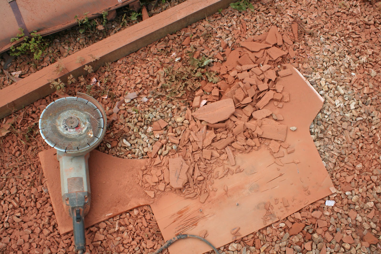 The brick-cutting work in progress
