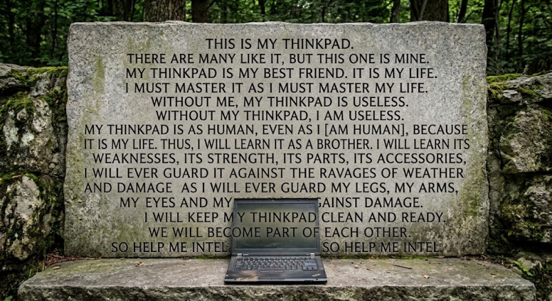 AI generated rifelmans creed style stone slab paying homage to a thinkpad